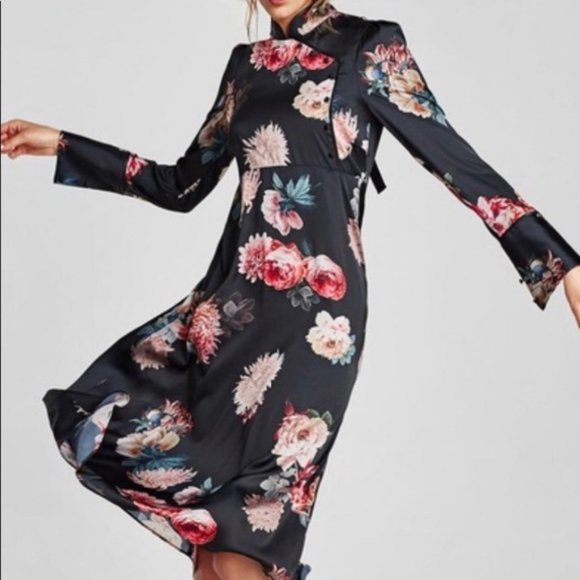 X SMALL Zara Chinese Style Silk Floral Dress - Picture 7 of 8